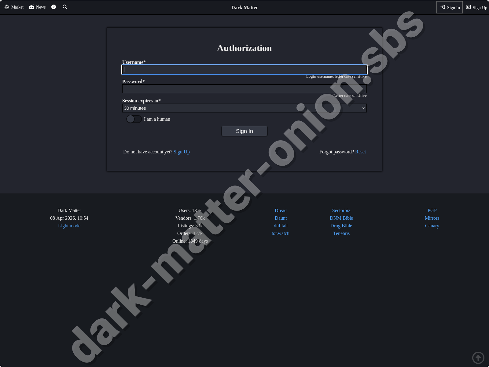 Dark Matter Market login form interface